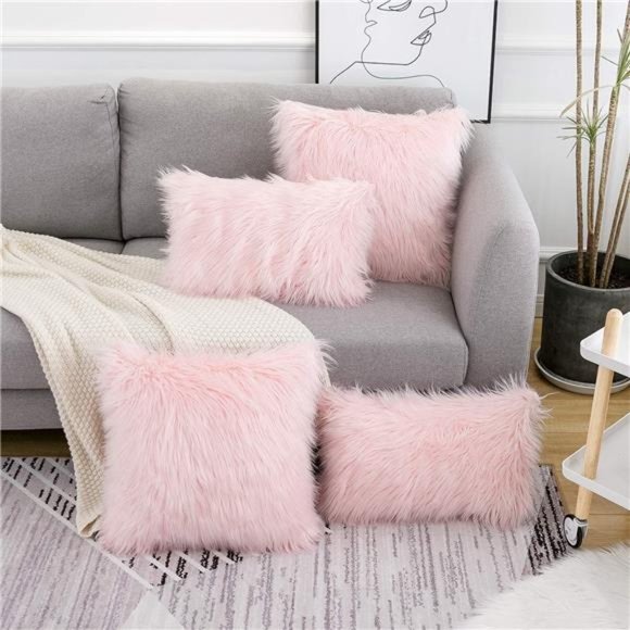 Set of 2 Pink Fluffy Pillow Covers New Luxury Series Merino Style Blush Faux Fur - Picture 2 of 6